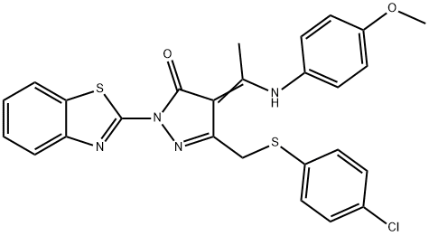 2-(1,3-benzothiazol-2-yl)-5-{[(4-chlorophenyl)sulfanyl]methyl}-4-[1-(4-methoxyanilino)ethylidene]-2,4-dihydro-3H-pyrazol-3-one Struktur