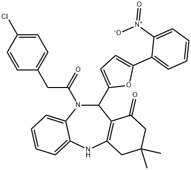 10-[(4-chlorophenyl)acetyl]-11-(5-{2-nitrophenyl}-2-furyl)-3,3-dimethyl-2,3,4,5,10,11-hexahydro-1H-dibenzo[b,e][1,4]diazepin-1-one Struktur