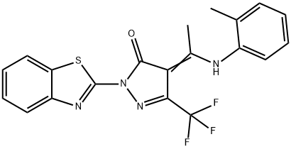 2-(1,3-benzothiazol-2-yl)-4-[1-(2-toluidino)ethylidene]-5-(trifluoromethyl)-2,4-dihydro-3H-pyrazol-3-one Struktur