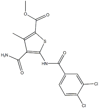 methyl 4-(aminocarbonyl)-5-[(3,4-dichlorobenzoyl)amino]-3-methyl-2-thiophenecarboxylate Struktur