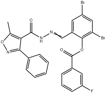 2,4-dibromo-6-{2-[(5-methyl-3-phenyl-4-isoxazolyl)carbonyl]carbohydrazonoyl}phenyl 3-fluorobenzoate Struktur