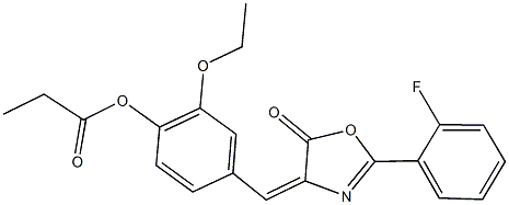 2-ethoxy-4-[(2-(2-fluorophenyl)-5-oxo-1,3-oxazol-4(5H)-ylidene)methyl]phenyl propionate Struktur