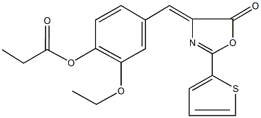 2-ethoxy-4-[(5-oxo-2-(2-thienyl)-1,3-oxazol-4(5H)-ylidene)methyl]phenyl propionate Struktur