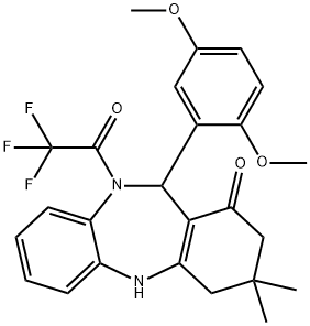 11-(2,5-dimethoxyphenyl)-3,3-dimethyl-10-(trifluoroacetyl)-2,3,4,5,10,11-hexahydro-1H-dibenzo[b,e][1,4]diazepin-1-one Struktur