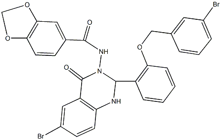 N-(6-bromo-2-{2-[(3-bromobenzyl)oxy]phenyl}-4-oxo-1,4-dihydro-3(2H)-quinazolinyl)-1,3-benzodioxole-5-carboxamide Struktur