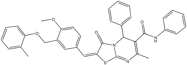 2-{4-methoxy-3-[(2-methylphenoxy)methyl]benzylidene}-7-methyl-3-oxo-N,5-diphenyl-2,3-dihydro-5H-[1,3]thiazolo[3,2-a]pyrimidine-6-carboxamide Struktur