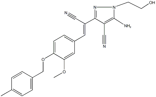 5-amino-3-(1-cyano-2-{3-methoxy-4-[(4-methylbenzyl)oxy]phenyl}vinyl)-1-(2-hydroxyethyl)-1H-pyrazole-4-carbonitrile Struktur