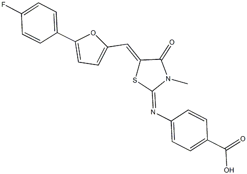 4-[(5-{[5-(4-fluorophenyl)-2-furyl]methylene}-3-methyl-4-oxo-1,3-thiazolidin-2-ylidene)amino]benzoic acid Struktur