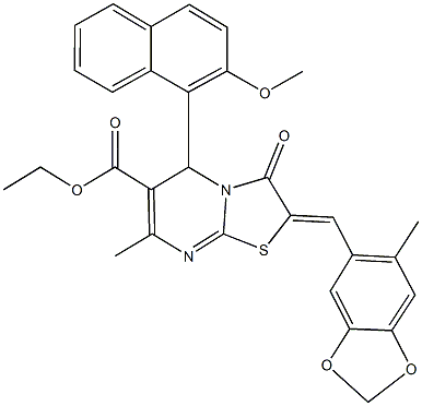 ethyl 5-(2-methoxy-1-naphthyl)-7-methyl-2-[(6-methyl-1,3-benzodioxol-5-yl)methylene]-3-oxo-2,3-dihydro-5H-[1,3]thiazolo[3,2-a]pyrimidine-6-carboxylate Struktur