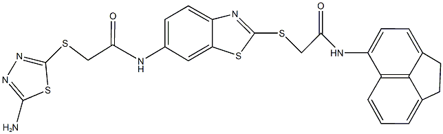 2-[(5-amino-1,3,4-thiadiazol-2-yl)sulfanyl]-N-(2-{[2-(1,2-dihydro-5-acenaphthylenylamino)-2-oxoethyl]sulfanyl}-1,3-benzothiazol-6-yl)acetamide Struktur