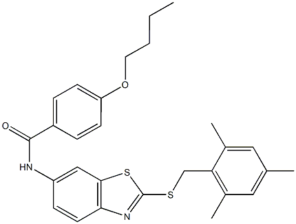 4-butoxy-N-{2-[(mesitylmethyl)sulfanyl]-1,3-benzothiazol-6-yl}benzamide Struktur