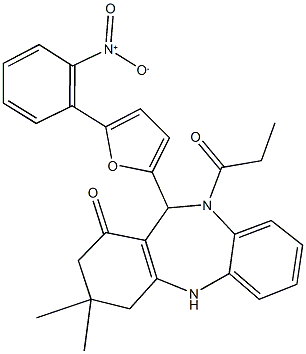 11-(5-{2-nitrophenyl}-2-furyl)-3,3-dimethyl-10-propionyl-2,3,4,5,10,11-hexahydro-1H-dibenzo[b,e][1,4]diazepin-1-one Struktur