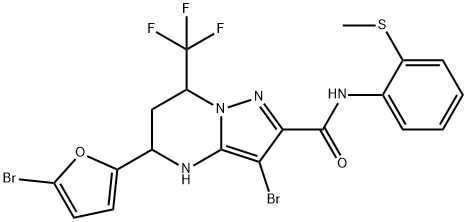 3-bromo-5-(5-bromo-2-furyl)-N-[2-(methylsulfanyl)phenyl]-7-(trifluoromethyl)-4,5,6,7-tetrahydropyrazolo[1,5-a]pyrimidine-2-carboxamide Struktur