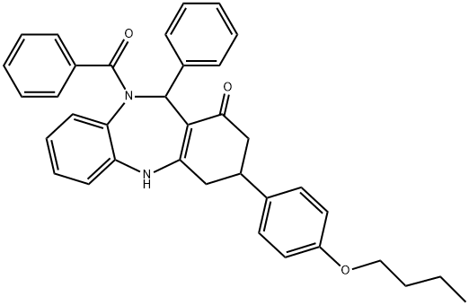 10-benzoyl-3-(4-butoxyphenyl)-11-phenyl-2,3,4,5,10,11-hexahydro-1H-dibenzo[b,e][1,4]diazepin-1-one Struktur