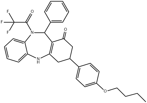 3-(4-butoxyphenyl)-11-phenyl-10-(trifluoroacetyl)-2,3,4,5,10,11-hexahydro-1H-dibenzo[b,e][1,4]diazepin-1-one Struktur