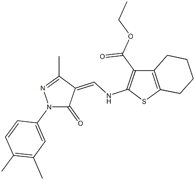 ethyl 2-({[1-(3,4-dimethylphenyl)-3-methyl-5-oxo-1,5-dihydro-4H-pyrazol-4-ylidene]methyl}amino)-4,5,6,7-tetrahydro-1-benzothiophene-3-carboxylate Struktur