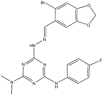 6-bromo-1,3-benzodioxole-5-carbaldehyde [4-(dimethylamino)-6-(4-fluoroanilino)-1,3,5-triazin-2-yl]hydrazone Struktur