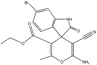 6-amino-6'-bromo-5-cyano-1',3'-dihydro-3-ethoxycarbonyl-2-methyl-2'-oxospiro[4H-pyran-4,3'-(2'H)-indole] Struktur