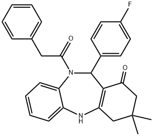 11-(4-fluorophenyl)-3,3-dimethyl-10-(phenylacetyl)-2,3,4,5,10,11-hexahydro-1H-dibenzo[b,e][1,4]diazepin-1-one Struktur