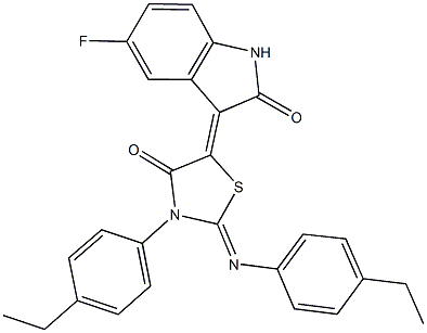 3-{3-(4-ethylphenyl)-2-[(4-ethylphenyl)imino]-4-oxo-1,3-thiazolidin-5-ylidene}-5-fluoro-1,3-dihydro-2H-indol-2-one Struktur