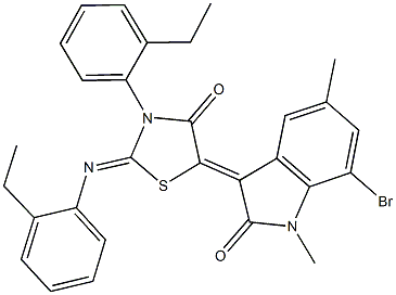 7-bromo-3-{3-(2-ethylphenyl)-2-[(2-ethylphenyl)imino]-4-oxo-1,3-thiazolidin-5-ylidene}-1,5-dimethyl-1,3-dihydro-2H-indol-2-one Struktur