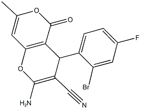 2-amino-4-(2-bromo-4-fluorophenyl)-7-methyl-5-oxo-4H,5H-pyrano[4,3-b]pyran-3-carbonitrile Struktur