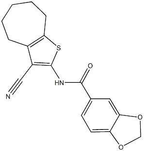 N-(3-cyano-5,6,7,8-tetrahydro-4H-cyclohepta[b]thien-2-yl)-1,3-benzodioxole-5-carboxamide Struktur