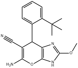 5-amino-7-(2-tert-butylphenyl)-2-methoxy-3,7-dihydropyrano[2,3-d]imidazole-6-carbonitrile Struktur