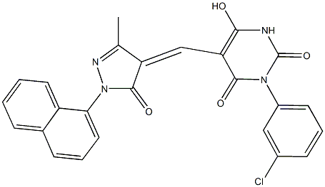 3-(3-chlorophenyl)-6-hydroxy-5-{[3-methyl-1-(1-naphthyl)-5-oxo-1,5-dihydro-4H-pyrazol-4-ylidene]methyl}-2,4(1H,3H)-pyrimidinedione Struktur