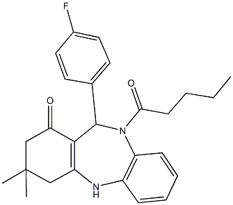 11-(4-fluorophenyl)-3,3-dimethyl-10-pentanoyl-2,3,4,5,10,11-hexahydro-1H-dibenzo[b,e][1,4]diazepin-1-one Struktur