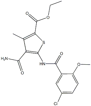 ethyl 4-(aminocarbonyl)-5-[(5-chloro-2-methoxybenzoyl)amino]-3-methyl-2-thiophenecarboxylate Struktur