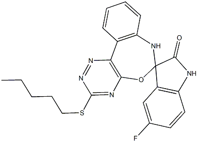 5-fluoro-3'-(pentylsulfanyl)-1,3,6',7'-tetrahydrospiro[2H-indole-3,6'-[1,2,4]triazino[5,6-d][3,1]benzoxazepine]-2-one Struktur