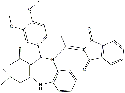 2-{1-[11-(3,4-dimethoxyphenyl)-3,3-dimethyl-1-oxo-1,2,3,4,5,11-hexahydro-10H-dibenzo[b,e][1,4]diazepin-10-yl]ethylidene}-1H-indene-1,3(2H)-dione Struktur