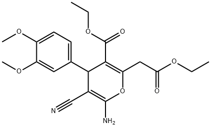 ethyl 6-amino-5-cyano-4-(3,4-dimethoxyphenyl)-2-(2-ethoxy-2-oxoethyl)-4H-pyran-3-carboxylate Struktur