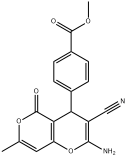 methyl 4-(2-amino-3-cyano-7-methyl-5-oxo-4H,5H-pyrano[4,3-b]pyran-4-yl)benzoate Struktur