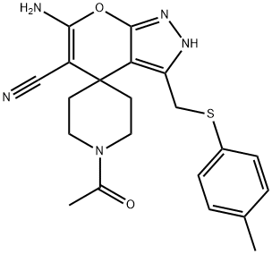 1'-acetyl-6-amino-5-cyano-3-{[(4-methylphenyl)sulfanyl]methyl}-2,4-dihydrospiro[pyrano[2,3-c]pyrazole-4,4'-piperidine] Struktur