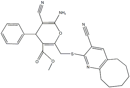 methyl 6-amino-5-cyano-2-{[(3-cyano-5,6,7,8,9,10-hexahydrocycloocta[b]pyridin-2-yl)sulfanyl]methyl}-4-phenyl-4H-pyran-3-carboxylate Struktur