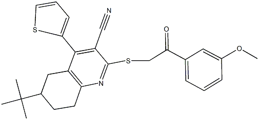 6-(tert-butyl)-2-{[2-(3-methoxyphenyl)-2-oxoethyl]sulfanyl}-4-(2-thienyl)-5,6,7,8-tetrahydro-3-quinolinecarbonitrile Struktur