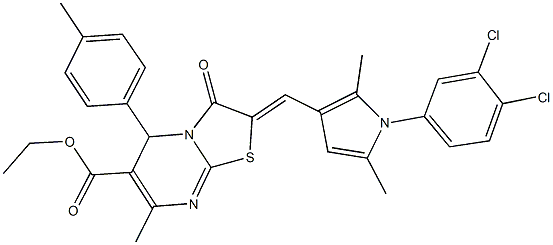 ethyl 2-{[1-(3,4-dichlorophenyl)-2,5-dimethyl-1H-pyrrol-3-yl]methylene}-7-methyl-5-(4-methylphenyl)-3-oxo-2,3-dihydro-5H-[1,3]thiazolo[3,2-a]pyrimidine-6-carboxylate Struktur