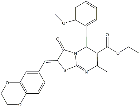 ethyl 2-(2,3-dihydro-1,4-benzodioxin-6-ylmethylene)-5-(2-methoxyphenyl)-7-methyl-3-oxo-2,3-dihydro-5H-[1,3]thiazolo[3,2-a]pyrimidine-6-carboxylate Struktur