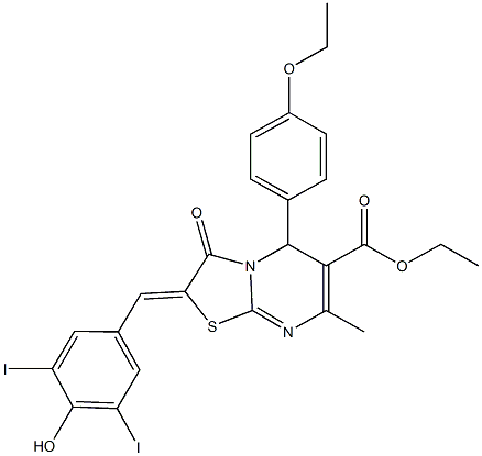 ethyl 5-(4-ethoxyphenyl)-2-(4-hydroxy-3,5-diiodobenzylidene)-7-methyl-3-oxo-2,3-dihydro-5H-[1,3]thiazolo[3,2-a]pyrimidine-6-carboxylate Struktur