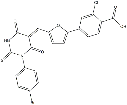 4-{5-[(1-(4-bromophenyl)-4,6-dioxo-2-thioxotetrahydro-5(2H)-pyrimidinylidene)methyl]-2-furyl}-2-chlorobenzoic acid Struktur