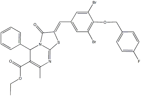 ethyl 2-{3,5-dibromo-4-[(4-fluorobenzyl)oxy]benzylidene}-7-methyl-3-oxo-5-phenyl-2,3-dihydro-5H-[1,3]thiazolo[3,2-a]pyrimidine-6-carboxylate Struktur