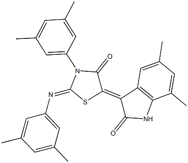 3-{3-(3,5-dimethylphenyl)-2-[(3,5-dimethylphenyl)imino]-4-oxo-1,3-thiazolidin-5-ylidene}-5,7-dimethyl-1,3-dihydro-2H-indol-2-one Struktur