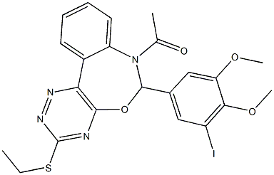 7-acetyl-3-(ethylsulfanyl)-6-(3-iodo-4,5-dimethoxyphenyl)-6,7-dihydro[1,2,4]triazino[5,6-d][3,1]benzoxazepine Struktur