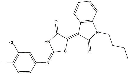 1-butyl-3-{2-[(3-chloro-4-methylphenyl)imino]-4-oxo-1,3-thiazolidin-5-ylidene}-1,3-dihydro-2H-indol-2-one Struktur