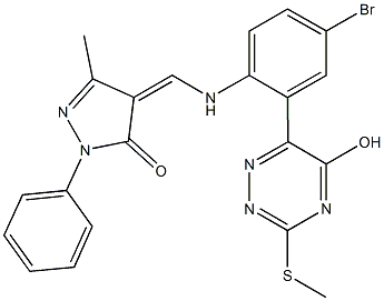 4-({4-bromo-2-[5-hydroxy-3-(methylsulfanyl)-1,2,4-triazin-6-yl]anilino}methylene)-5-methyl-2-phenyl-2,4-dihydro-3H-pyrazol-3-one Struktur