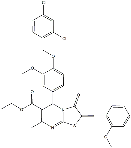 ethyl 5-{4-[(2,4-dichlorobenzyl)oxy]-3-methoxyphenyl}-2-(2-methoxybenzylidene)-7-methyl-3-oxo-2,3-dihydro-5H-[1,3]thiazolo[3,2-a]pyrimidine-6-carboxylate Struktur