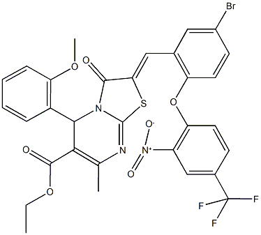 ethyl 2-{5-bromo-2-[2-nitro-4-(trifluoromethyl)phenoxy]benzylidene}-5-(2-methoxyphenyl)-7-methyl-3-oxo-2,3-dihydro-5H-[1,3]thiazolo[3,2-a]pyrimidine-6-carboxylate Struktur