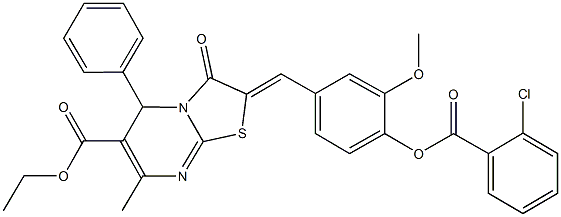 ethyl 2-{4-[(2-chlorobenzoyl)oxy]-3-methoxybenzylidene}-7-methyl-3-oxo-5-phenyl-2,3-dihydro-5H-[1,3]thiazolo[3,2-a]pyrimidine-6-carboxylate Struktur